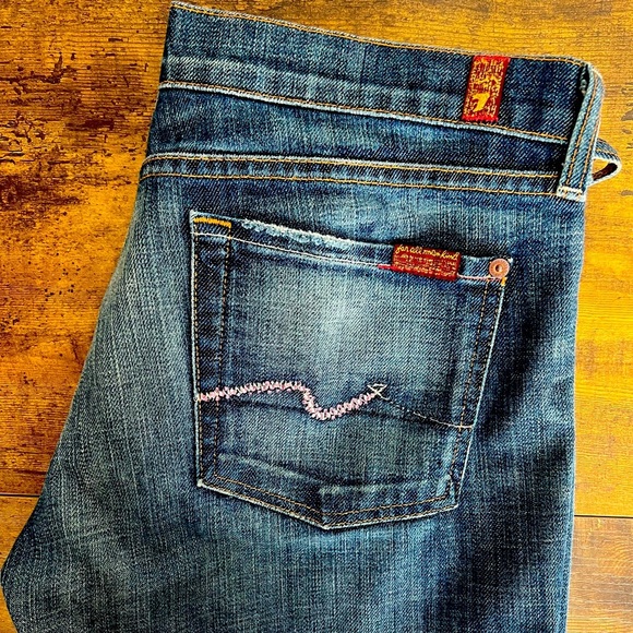7 For All Mankind, size 30, blue denim jeans w/ pink rhinestones. - Picture 1 of 10